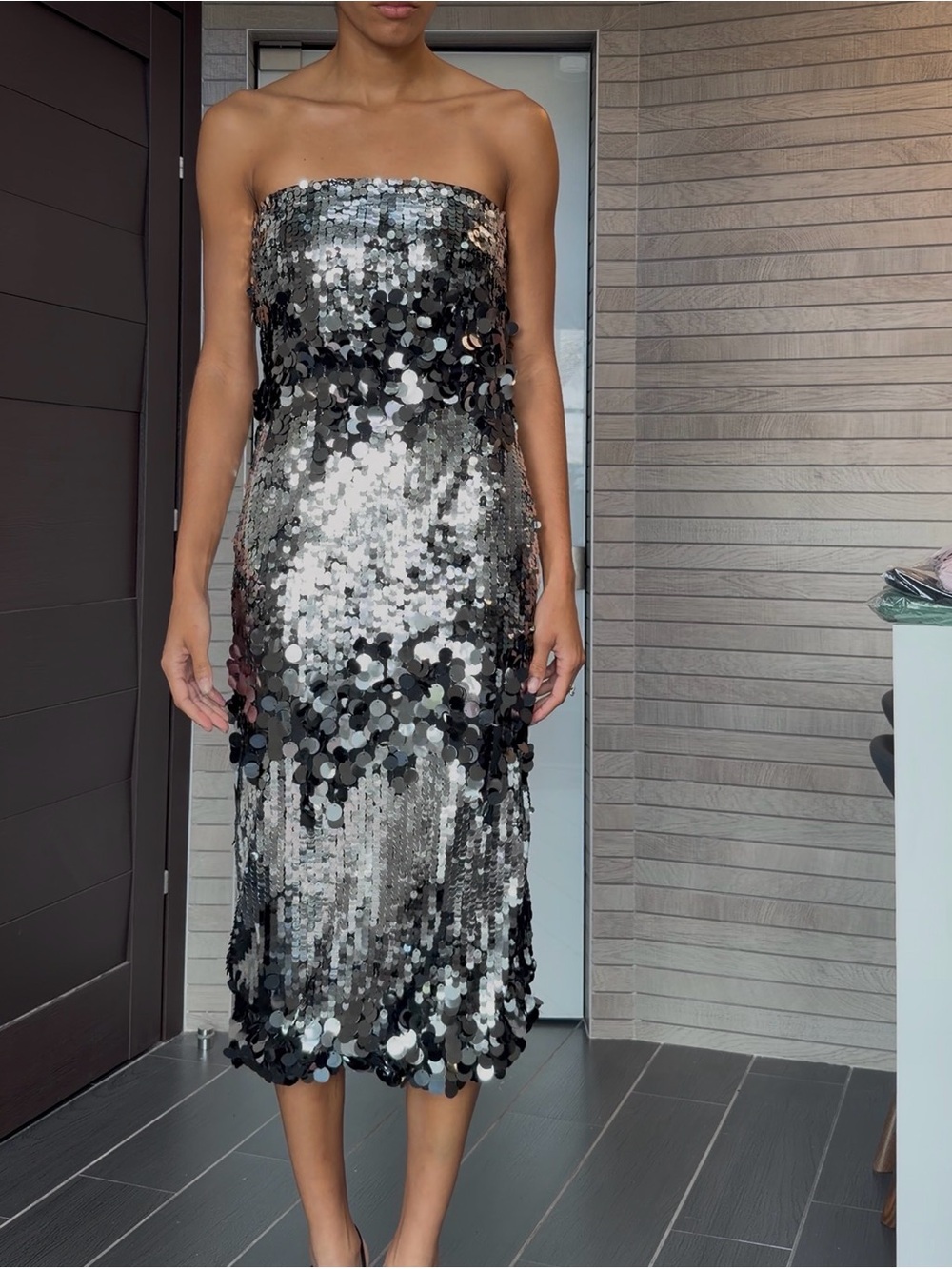 Strapless Silver & Black Sequin Midi Dress